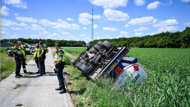 Vrachtwagen met diesel in sloot in Kiel-Windeweer