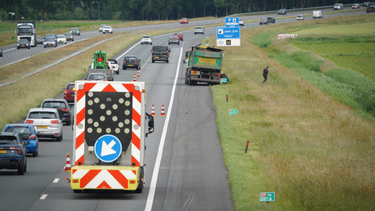 Vrachtwagen krijgt klapband op A7