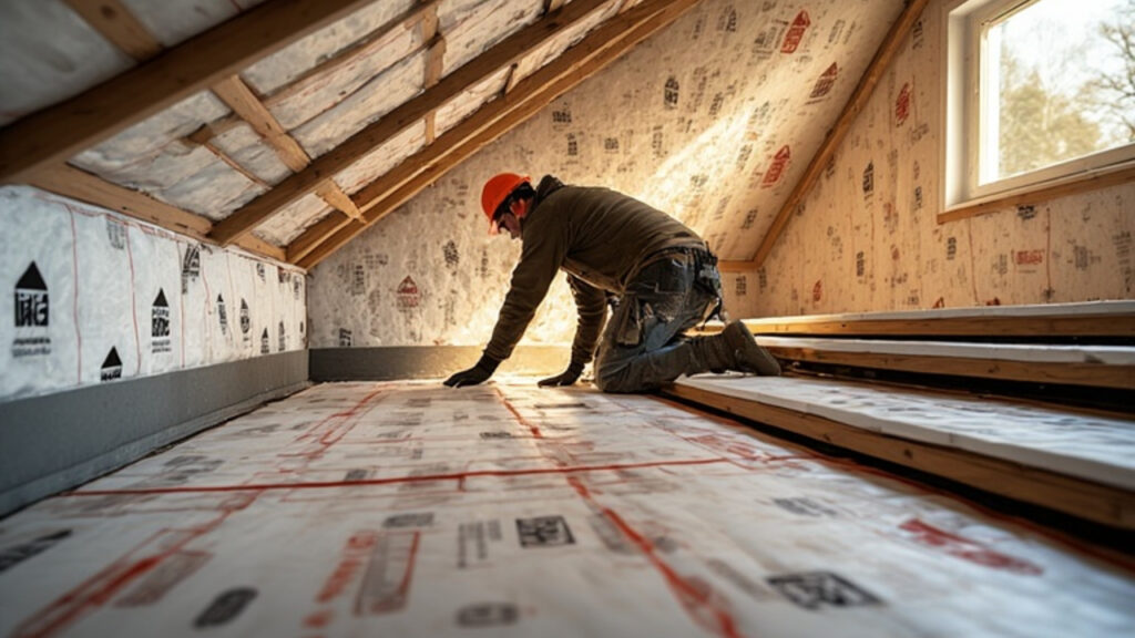 Bouwvakker installeert isolatie (AI gen)